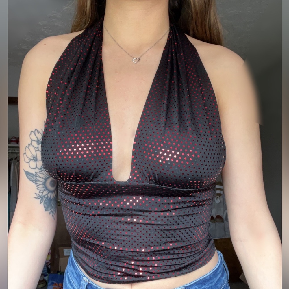 Demore Womens Vintage Black and Red Metallic Dot Halter Tank Crop Top